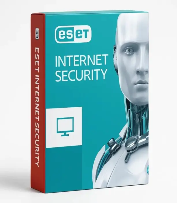 Produktbilde av ESET Internet Security-programvareboks med turkis design, ESET-logo, produktnavn og bilde av en futuristisk robot på hvit bakgrunn.