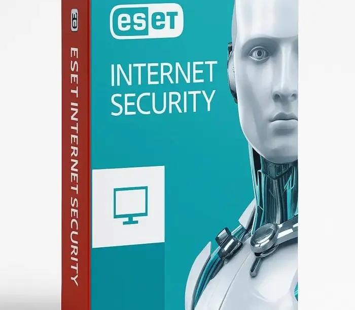 Produktbilde av ESET Internet Security-programvareboks med turkis design, ESET-logo, produktnavn og bilde av en futuristisk robot på hvit bakgrunn.