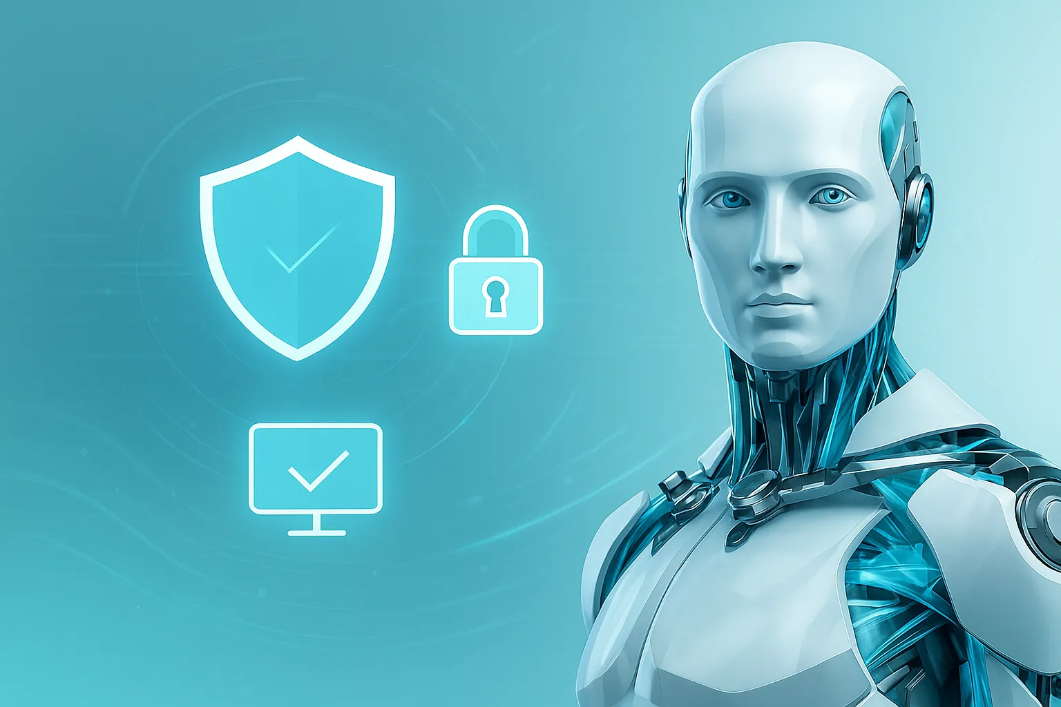 Futuristisk humanoid robot fra ESET Internet Security står på høyre side, omgitt av digitale sikkerhetsikoner som skjold, hengelås og dataskjerm med hake, mot en lys blå bakgrunn.