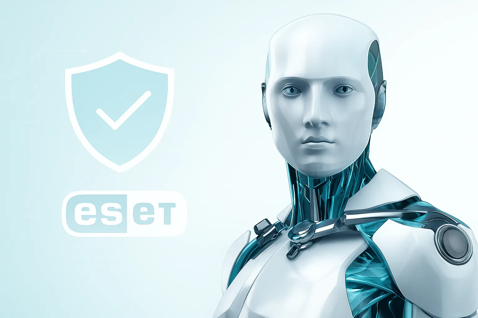 ESETs humanoide robot sett fra brystet og opp, vendt mot venstre, med ESET-logoen og et skjoldikon i bakgrunnen mot en lys blå gradient.