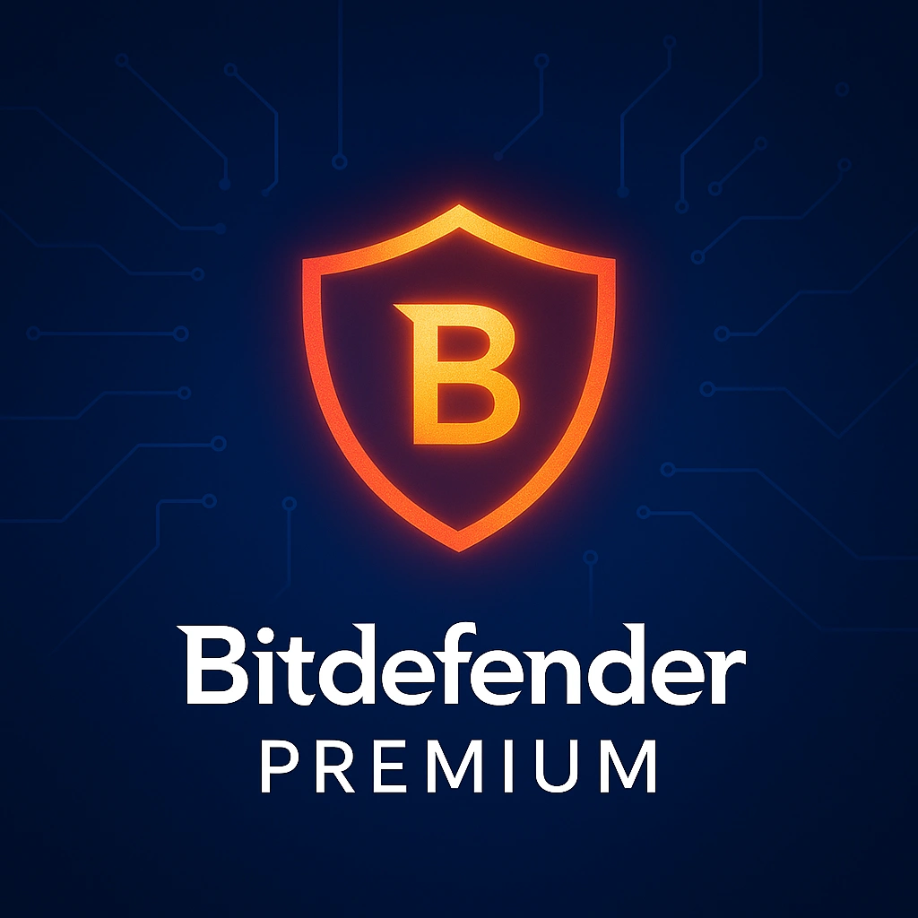 Bitdefender Premium VPN-logo med digitalt skjold og kretsmønster i bakgrunnen