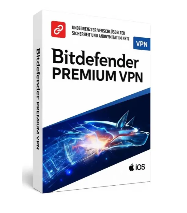 Produktbilde av Bitdefender Premium VPN med moderne design og digitalt skjold