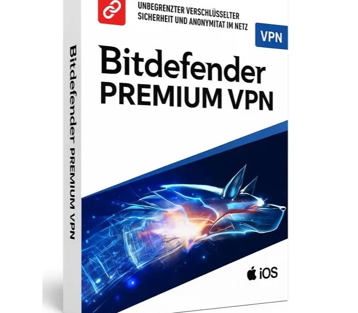 Produktbilde av Bitdefender Premium VPN med moderne design og digitalt skjold