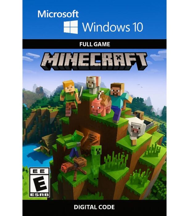 3D-rendering av Minecraft for Windows 10 digitalt cover, med karakterene Steve og Alex omgitt av dyr, landskap og fiender på en grønn ås under den ikoniske logoen.