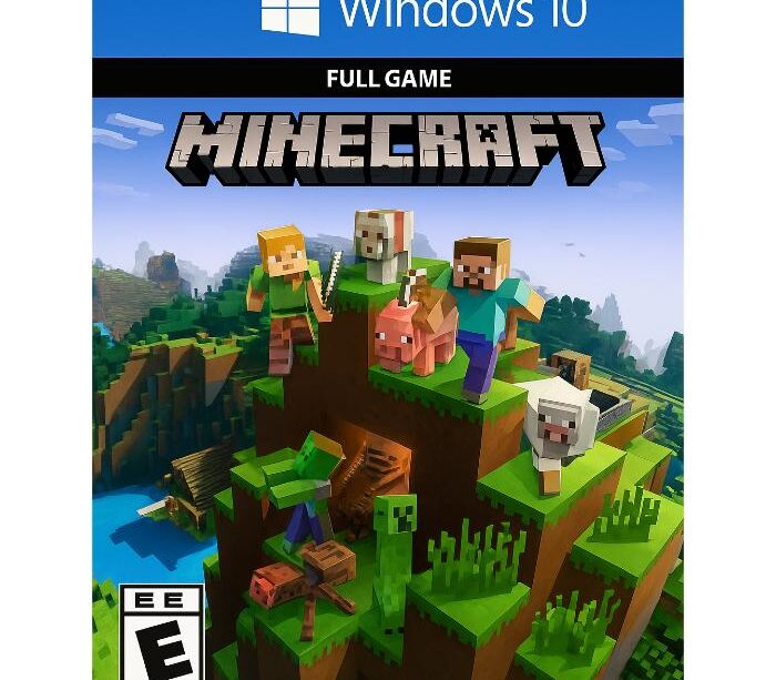 3D-rendering av Minecraft for Windows 10 digitalt cover, med karakterene Steve og Alex omgitt av dyr, landskap og fiender på en grønn ås under den ikoniske logoen.