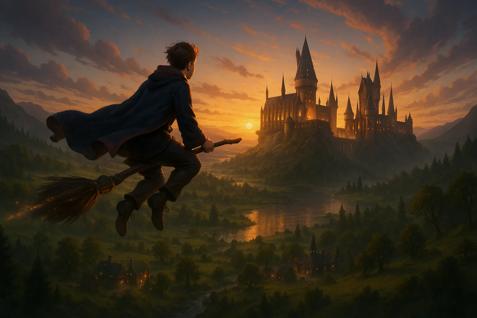 Ung trollmann svever på sopelime i solnedgang over en magisk dal med et Galtvort-inspirert slott i horisonten – inspirert av Hogwarts Legacy.