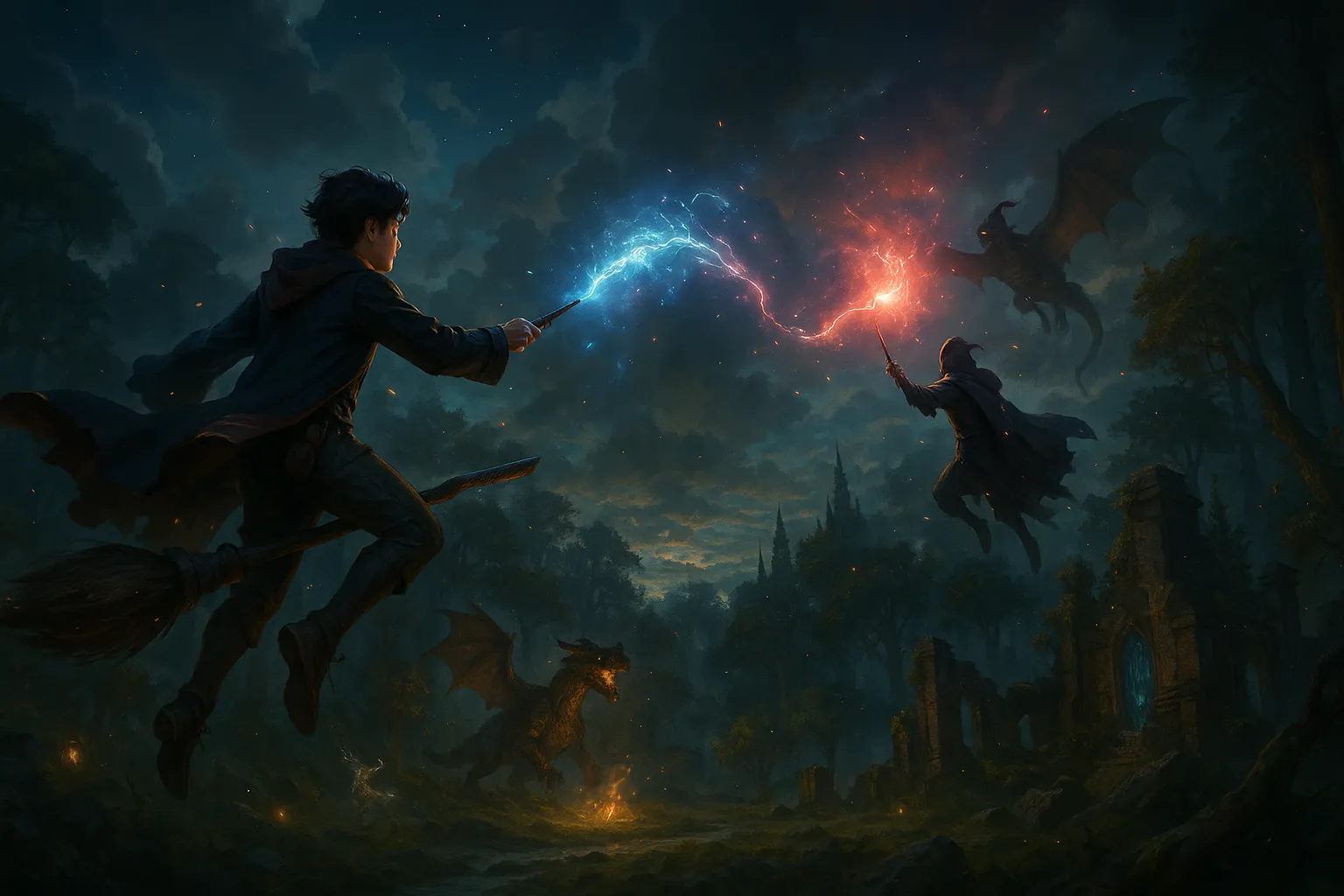 Trollmann og mørk magiker i luftig magisk duell over Den forbudte skogen, omgitt av drage og ruiner – inspirert av Hogwarts Legacy.