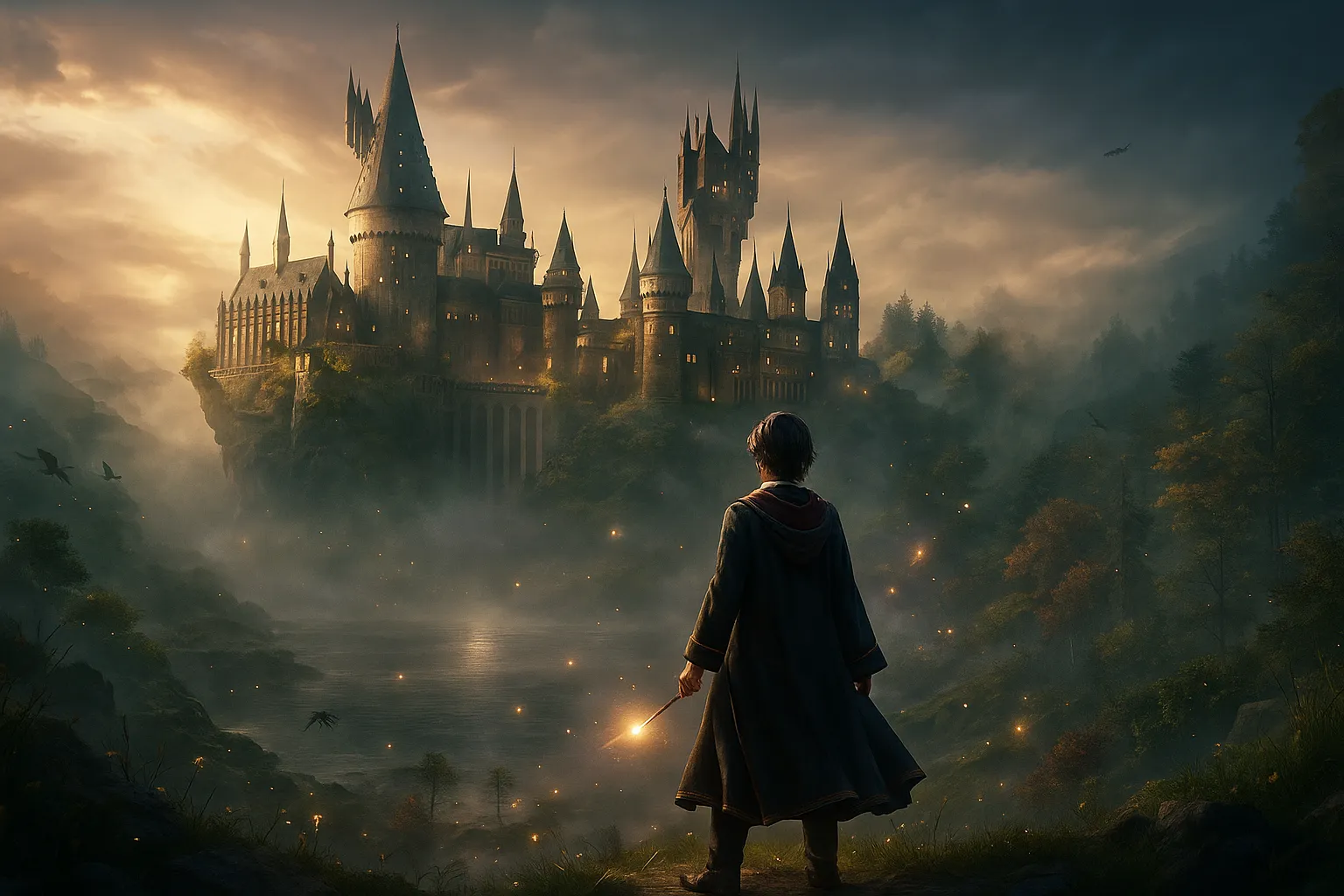 Ung trollmann med kappe og tryllestav ser mot Galtvort-slottet ved solnedgang – inspirert av Hogwarts Legacy videospillet.