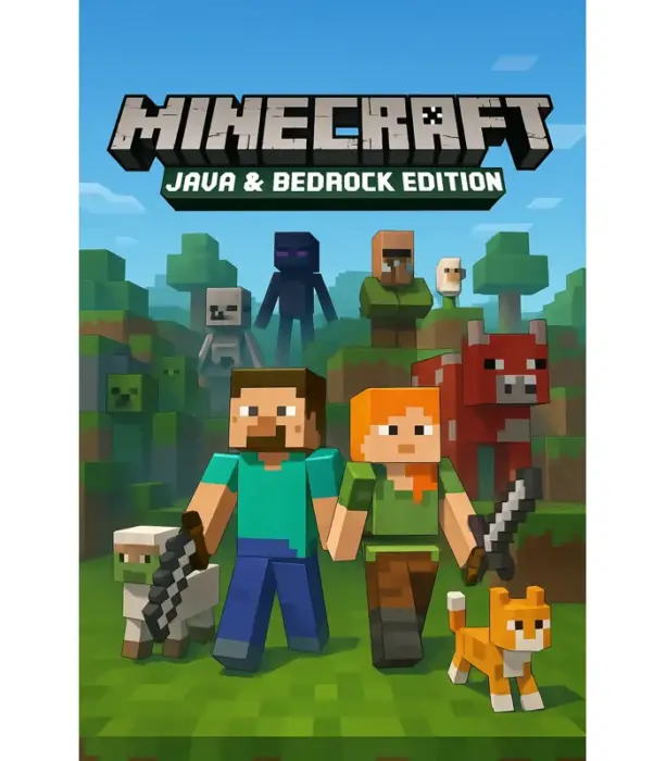 Minecraft coverbilde med Steve, Alex og flere figurer i blokkverden – tilpasset Java & Bedrock Edition