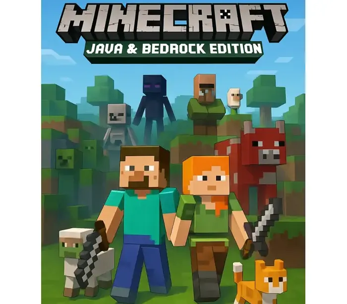 Minecraft coverbilde med Steve, Alex og flere figurer i blokkverden – tilpasset Java & Bedrock Edition