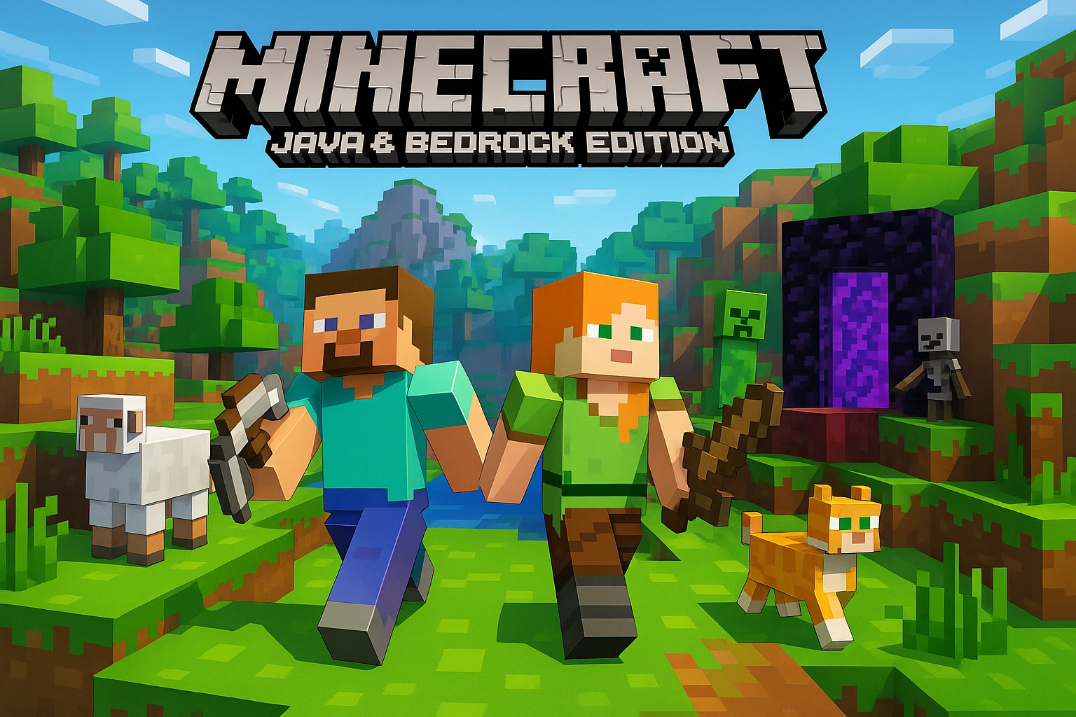 Promobilde av Minecraft: Java & Bedrock Edition – to karakterer i en fargerik pikselverden med landskap fra både Overworld og Nether