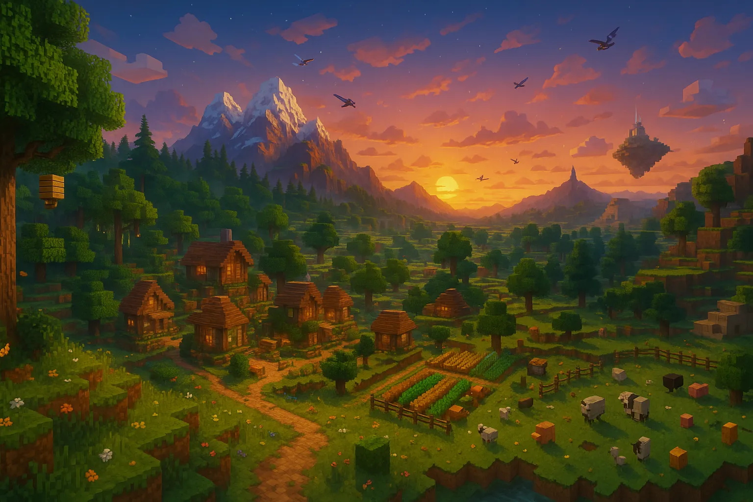 Konseptbilde av en Minecraft-verden i solnedgang, med en landsby omgitt av åkrer, dyr, skoger og snødekte fjell i bakgrunnen. Biomer smelter sammen i en episk og fargerik pikselverden.