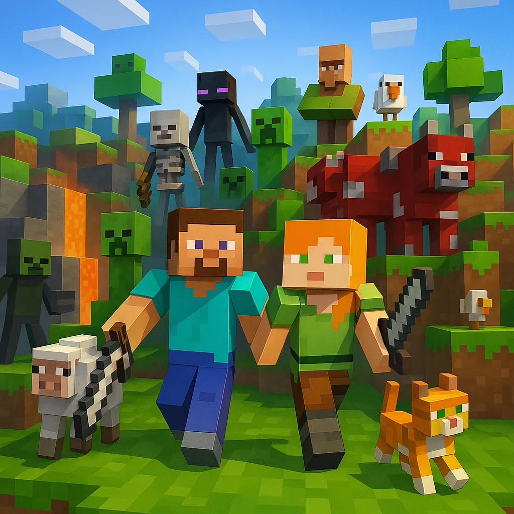 Coverbilde for Minecraft: Java & Bedrock Edition med figurer som Steve, Alex, Creeper og Enderman i en blokkverden