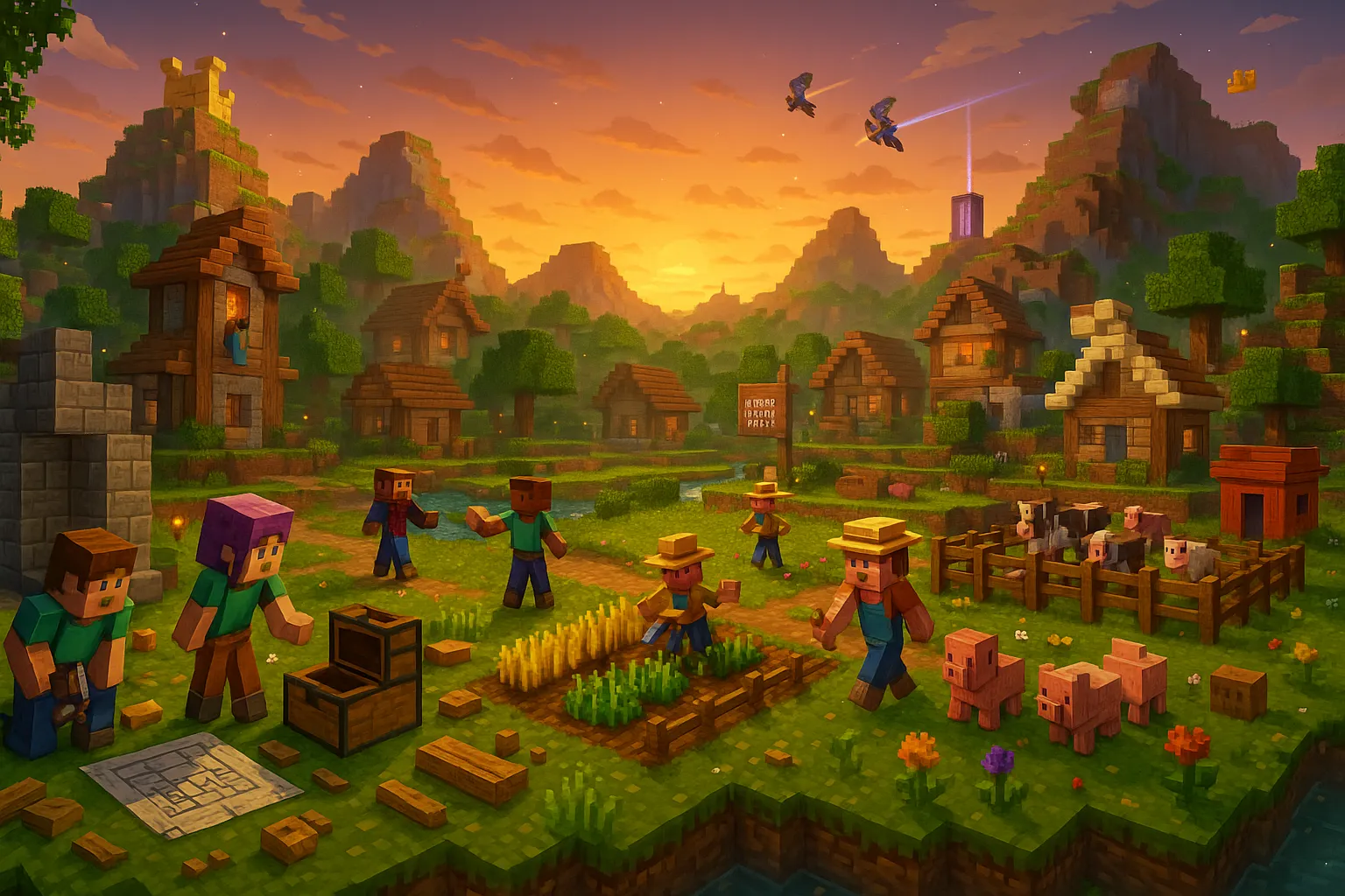 Flere Minecraft-spillere samarbeider i en solfylt verden: noen bygger, andre høster avlinger og tar vare på dyr. Et fargerikt landskap med landsbyer, fjell og Elytra-flygere i solnedgangen illustrerer sosial spilling med Realms Plus.