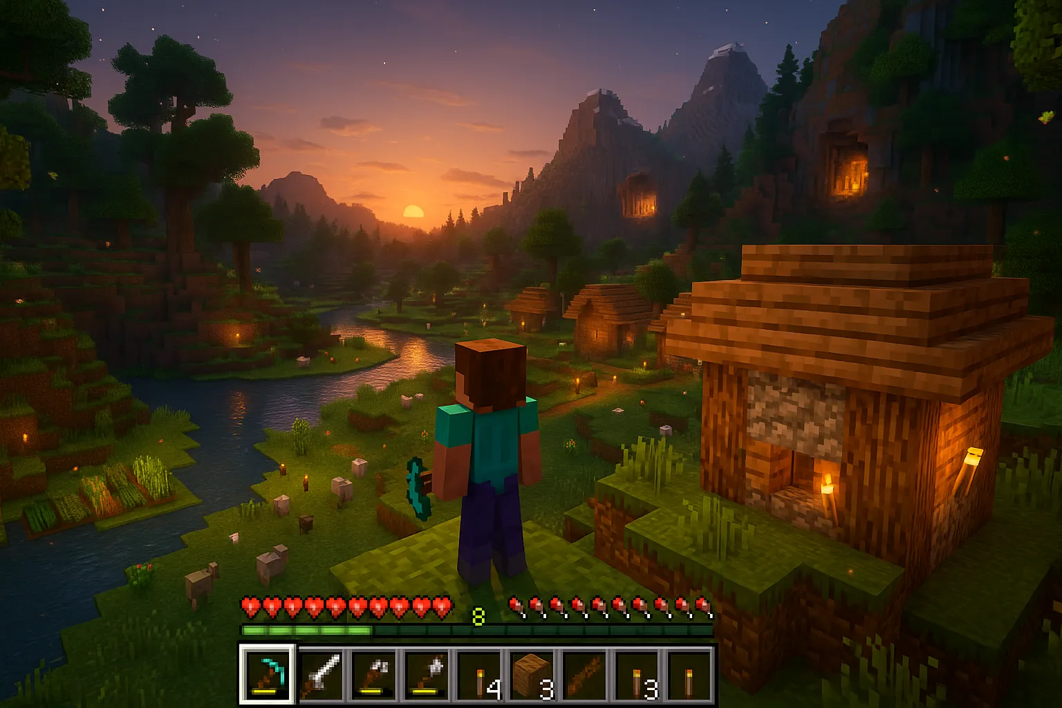 Skjermbilde fra Minecraft Bedrock Edition på Windows: En spiller står på en høyde med utsikt over en blokkbasert landsby omgitt av fjell, grotter og solnedgangsbelysning.