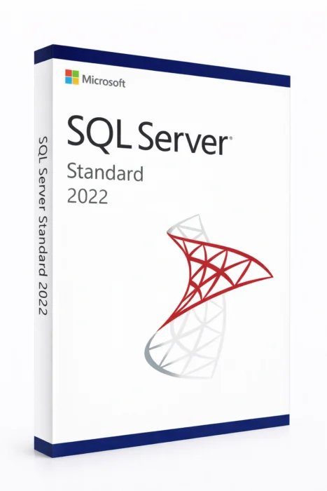 Microsoft SQL Server Standard 2022 produkteske på ren hvit studiobakgrunn, vinklet ca. 20–25° mot høyre, med rød SQL-logo på fronten.