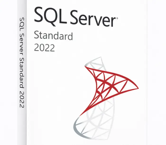 Microsoft SQL Server Standard 2022 produkteske på ren hvit studiobakgrunn, vinklet ca. 20–25° mot høyre, med rød SQL-logo på fronten.