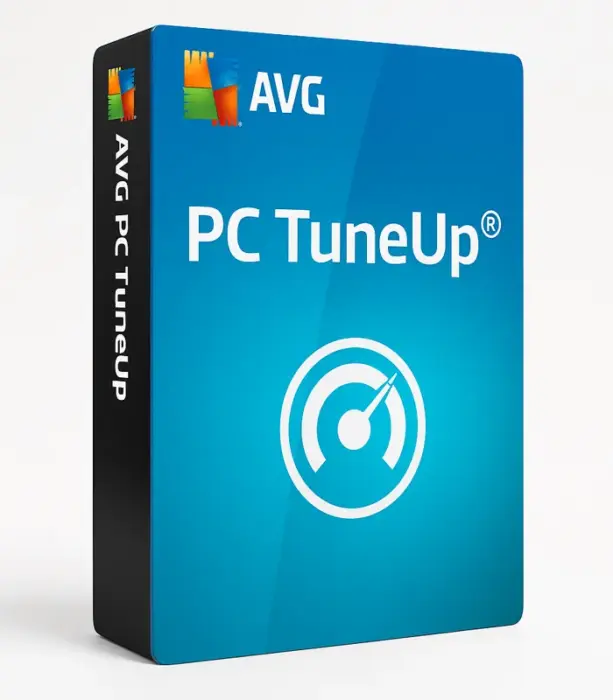 Produktbilde av AVG PC TuneUp-programvare i blå eske med hvitt hastighetsikon og AVG-logo, brukt for å optimalisere og forbedre PC-ytelse.