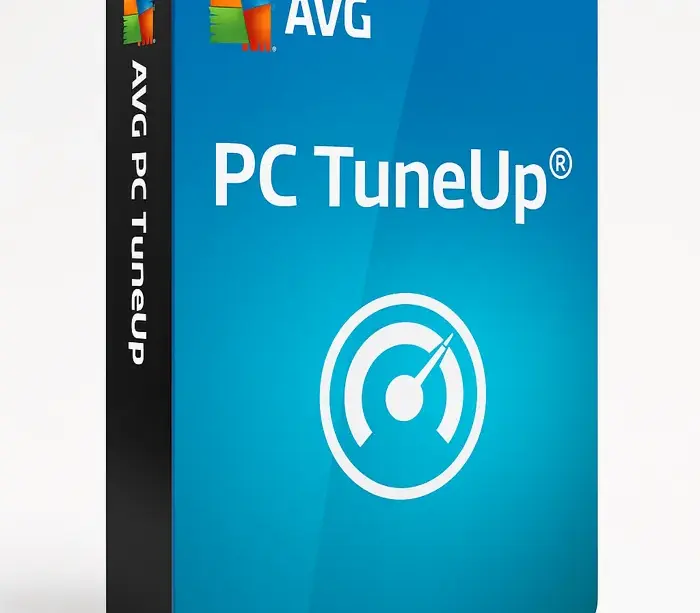 Produktbilde av AVG PC TuneUp-programvare i blå eske med hvitt hastighetsikon og AVG-logo, brukt for å optimalisere og forbedre PC-ytelse.