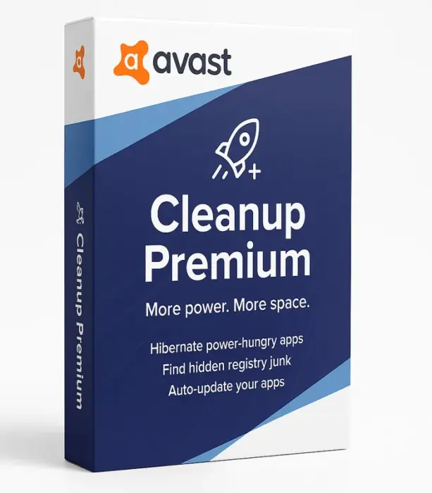 Produktbilde av Avast Cleanup Premium-programvare, detaljert eske med blå og hvit design og teksten "More power. More space."
