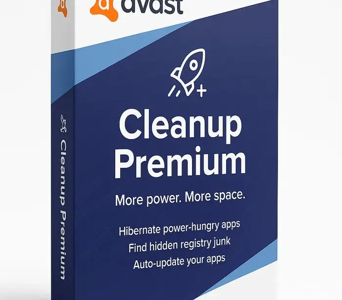 Produktbilde av Avast Cleanup Premium-programvare, detaljert eske med blå og hvit design og teksten "More power. More space."