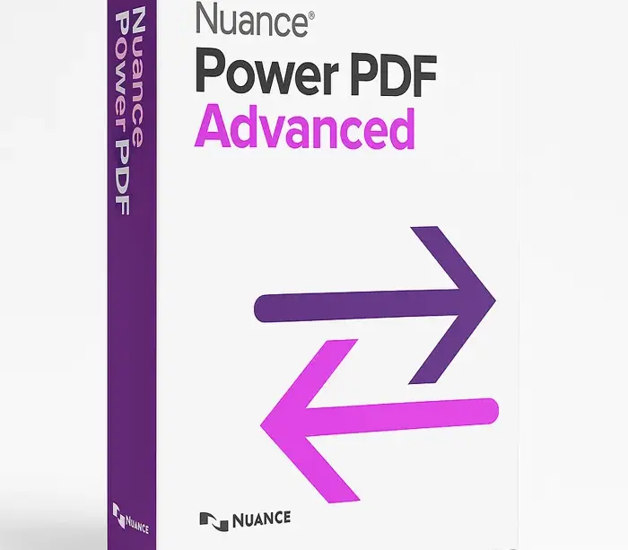 Produktbilde av Nuance Power PDF Advanced-programvare i eskeformat, med hvit bakgrunn og lilla piler som symboliserer PDF-konvertering og redigering.