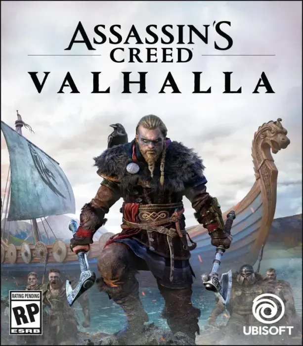 Assassin’s Creed Valhalla coverbilde – Eivor med øks foran vikingeskip og krigere