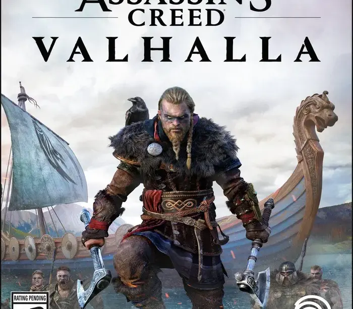 Assassin’s Creed Valhalla coverbilde – Eivor med øks foran vikingeskip og krigere