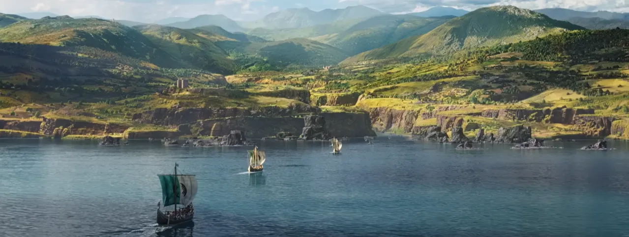 Assassin’s Creed Valhalla landskapsbilde – vikingeskip seiler mot engelsk kyst i vakker åpen verden