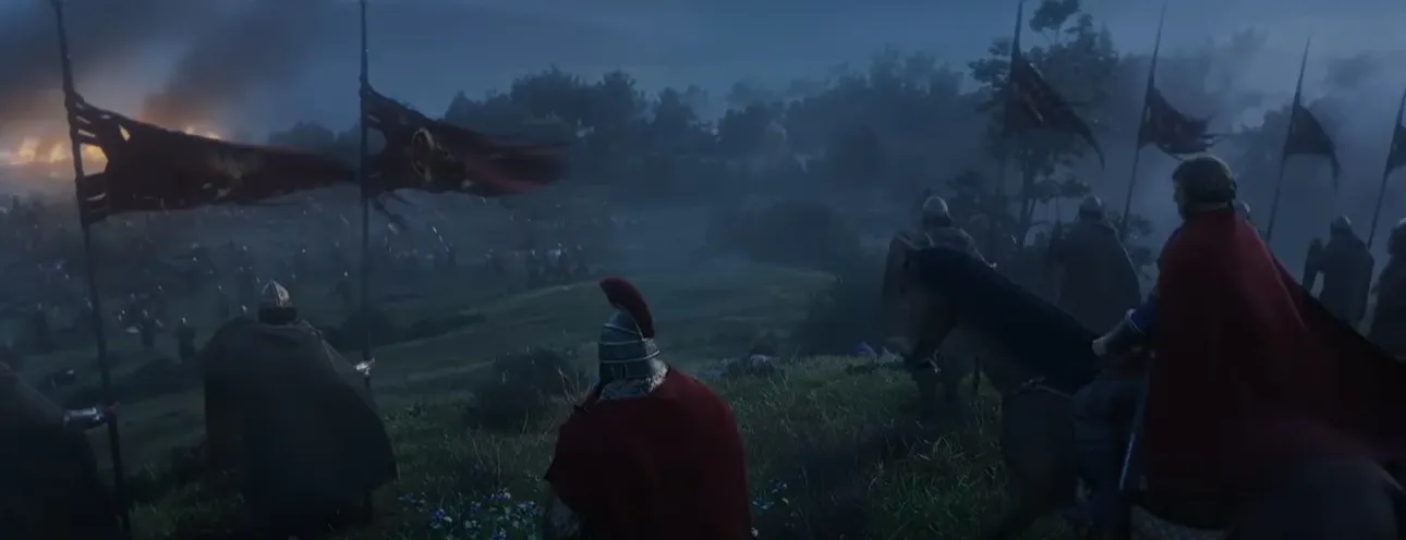 Assassin’s Creed Valhalla nattkamp – soldater og bannere foran slagmark i mørket
