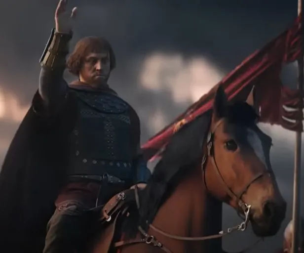 Assassin’s Creed Valhalla ridende krigsleder – mann på hest med røde bannere i bakgrunnen