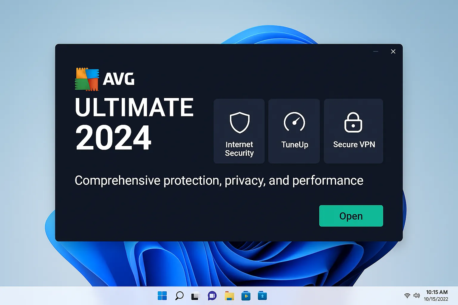 Skjermbilde av AVG Ultimate 2024 på Windows 11 med Internet Security, TuneUp og Secure VPN