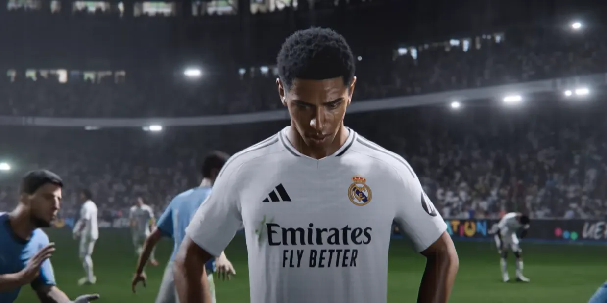 EA Sports FC 25 nærbilde av Real Madrid-spiller i kamp – fotorealistisk grafikk og stadionstemning