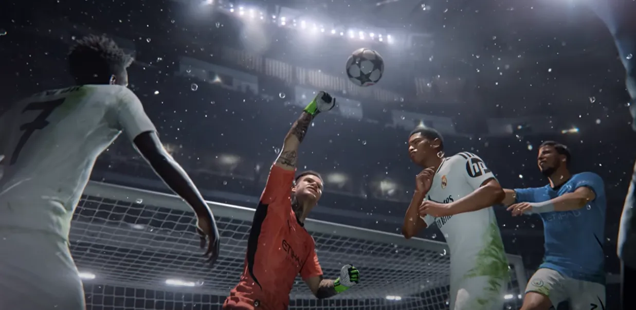 EA Sports FC 25 keeper redder ballen under intens kamp i regnvær – Real Madrid vs Manchester City