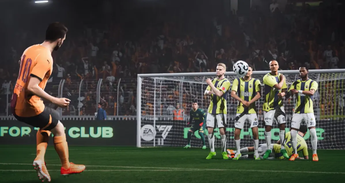 Frispark i EA Sports FC 25 – vegg av forsvarere og realistisk stadionstemning i nytt fotballspill