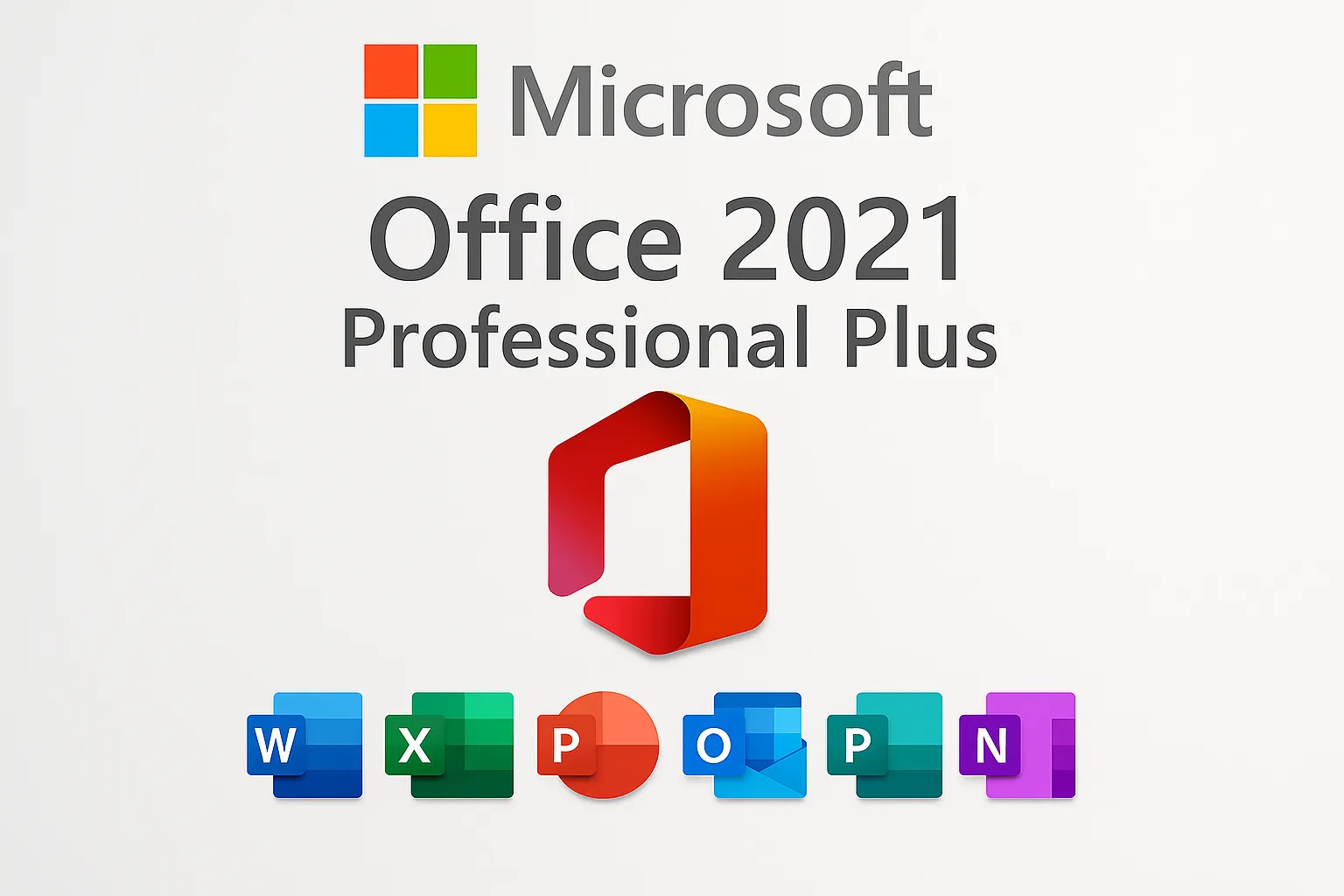 Bilde av Microsoft Office 2021 Professional Plus LTSC-logo med ikoner for Word, Excel, PowerPoint, Outlook, Publisher og OneNote, presentert på en lys bakgrunn.