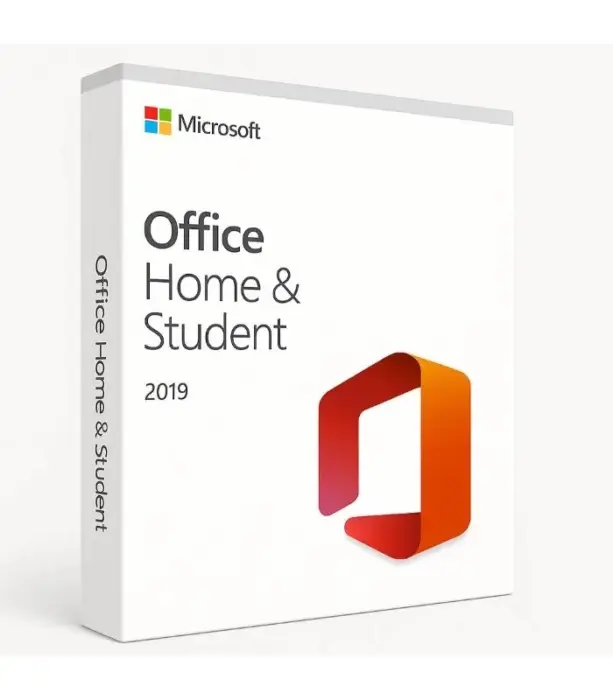 Microsoft Office Home & Student 2019 produktemballasje med systemkrav og hovedfunksjoner