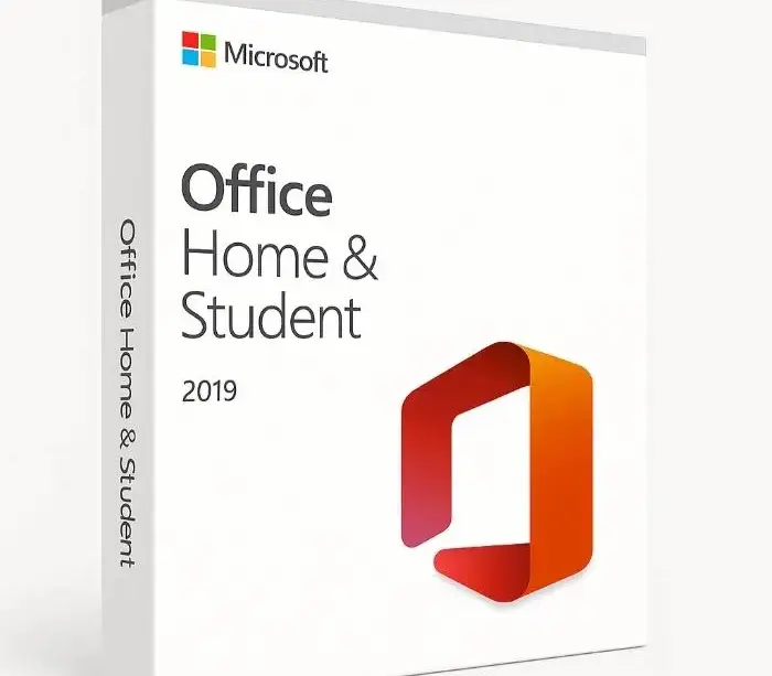Microsoft Office Home & Student 2019 produktemballasje med systemkrav og hovedfunksjoner