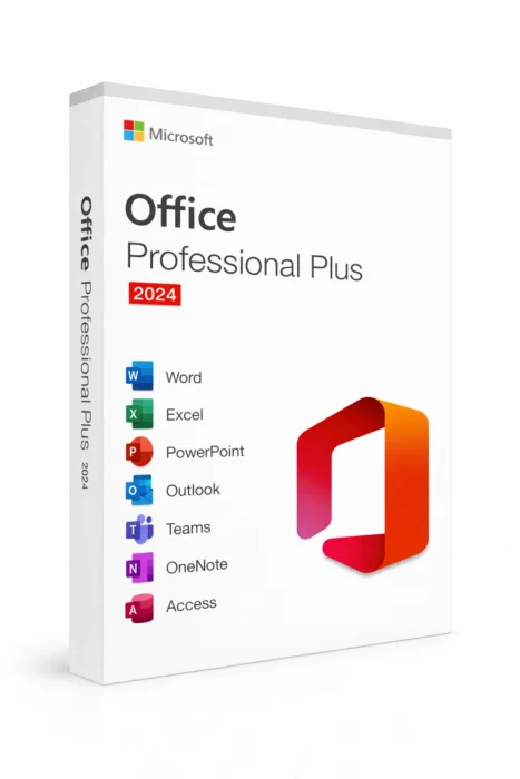 Produktbilde av Microsoft Office Professional Plus 2024-boks for Windows, med logo og liste over inkluderte programmer som Word, Excel, PowerPoint og Outlook.