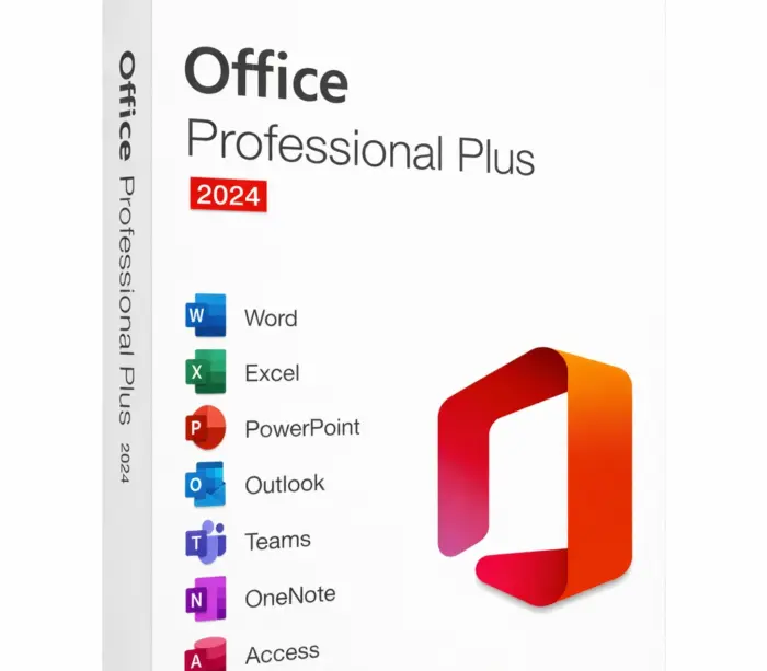 Produktbilde av Microsoft Office Professional Plus 2024-boks for Windows, med logo og liste over inkluderte programmer som Word, Excel, PowerPoint og Outlook.