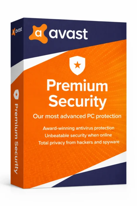 Avast Premium Security produkteske i blå og oransje design på helt hvit bakgrunn, vinklet ca. 20–25° mot høyre med front og smal venstreside synlig.