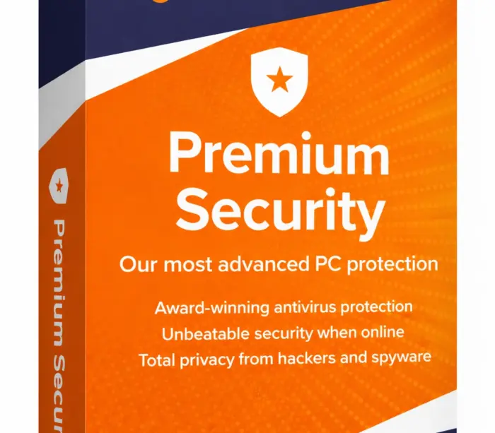 Avast Premium Security produkteske i blå og oransje design på helt hvit bakgrunn, vinklet ca. 20–25° mot høyre med front og smal venstreside synlig.