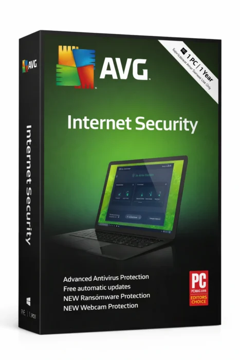 AVG Internet Security produktboks med grønn/svart front og laptop-illustrasjon, isolert på hvit bakgrunn.