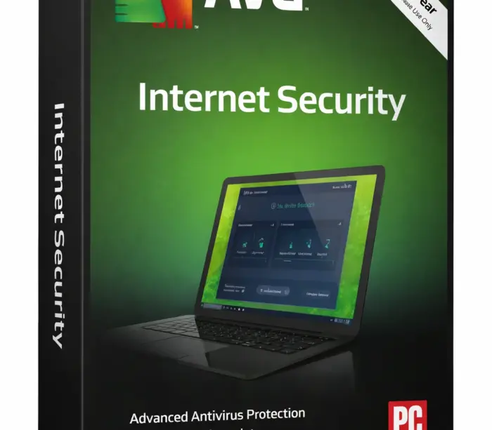 AVG Internet Security produktboks med grønn/svart front og laptop-illustrasjon, isolert på hvit bakgrunn.