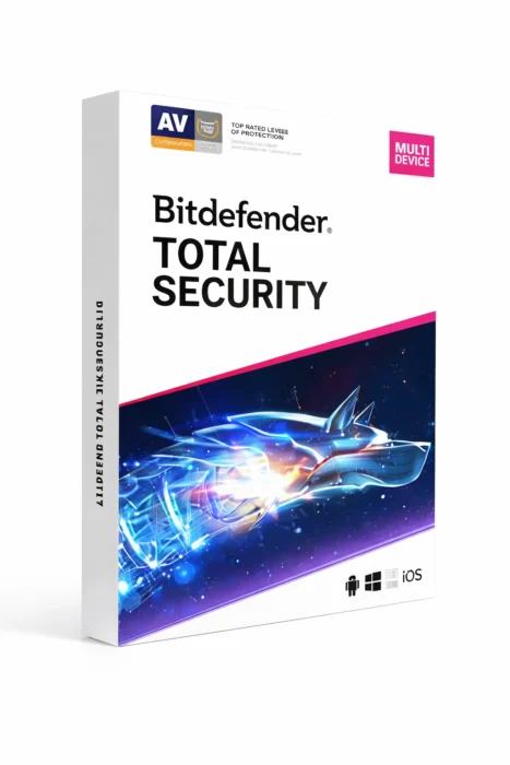Bitdefender Total Security produkteske på helt hvit bakgrunn, vinklet ca. 20–25° mot høyre med front og smal venstreside synlig.