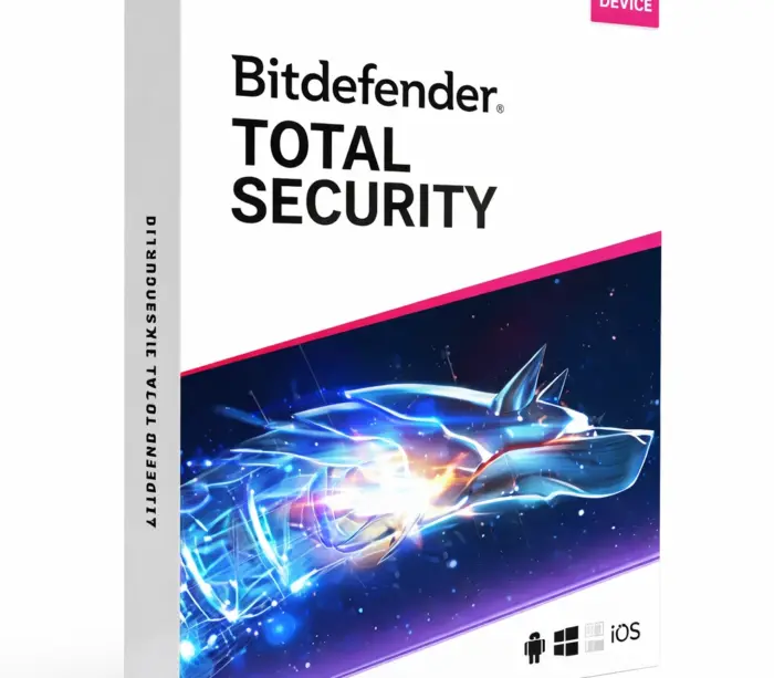 Bitdefender Total Security produkteske på helt hvit bakgrunn, vinklet ca. 20–25° mot høyre med front og smal venstreside synlig.