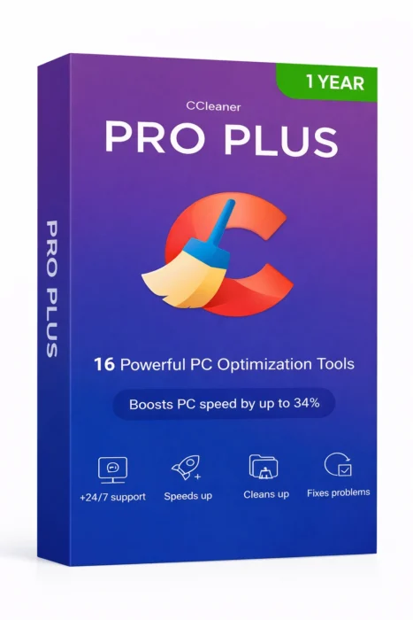 CCleaner Pro Plus 1 Year produktbilde med lilla/blå bakgrunn, stor C-logo med kost, og tekst “16 Powerful PC Optimization Tools”.
