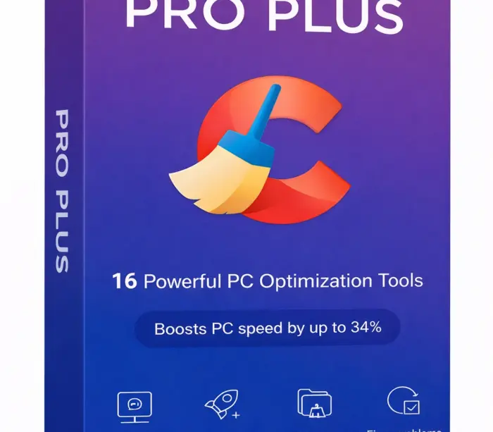 CCleaner Pro Plus 1 Year produktbilde med lilla/blå bakgrunn, stor C-logo med kost, og tekst “16 Powerful PC Optimization Tools”.