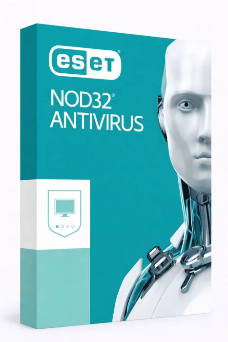 ESET NOD32 Antivirus retail-eske i turkis med hvit typografi og robotillustrasjon, på ren hvit studiobakgrunn, vinklet ca. 20–25° mot høyre.