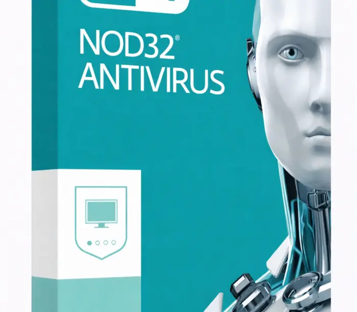 ESET NOD32 Antivirus retail-eske i turkis med hvit typografi og robotillustrasjon, på ren hvit studiobakgrunn, vinklet ca. 20–25° mot høyre.